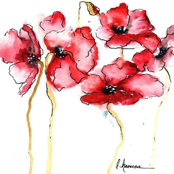 Leticia Herrera, WATERCOLOR POPPIES II (Blume, Mohnblume, Aquarell, Malerei, modern, zeitgenössisch,   Wunschgröße, Wohnzimmer,  Treppenhaus, Wunschgröße, rot/weiß)