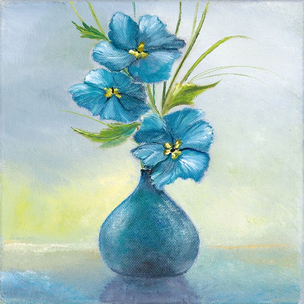 Rian Withaar, BLUE FLOWERS II (Blumen, blaue Blüten, Stillleben, blaue Vase, modern, zeitgenössisch, Treppenhaus, Wohnzimmer, Wunschgröße, Malerei, bunt)