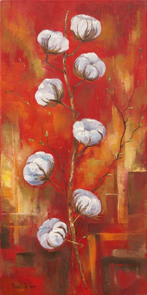 Rian Withaar, COTTON I (Blumen, Blüten, Baumwolle, Baumwollzweig, abstrakter Hintergrund, Pflanze, modern, zeitgenössisch, Treppenhaus, Wohnzimmer, Wunschgröße, Malerei, bunt)