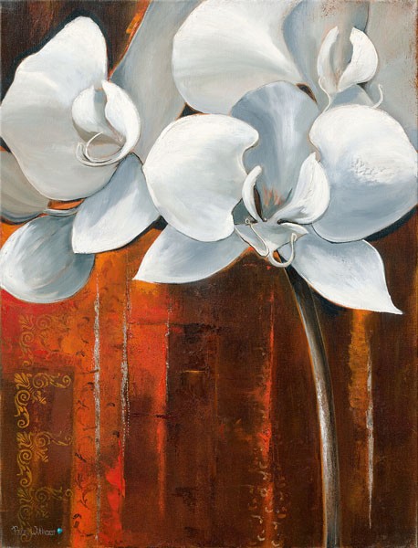 Rian Withaar, WHITE ORCHID I (Blumen, Blüten, weiße Orchideen, Blütenblätter, abstrakter Hintergrund, Pflanze, modern, zeitgenössisch, Treppenhaus, Wohnzimmer, Wunschgröße, Malerei, bunt)