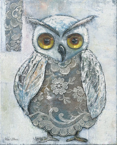 Rian Withaar, LACE OWL II (Eule, Vogel, Spitzenmuster, modern, zeitgenössisch, naiv, Treppenhaus, Wohnzimmer, Wunschgröße, Malerei, grau/blau)