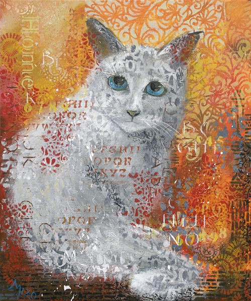 Mizo, MILO (Katze, weiße Katze, Ornamente, florale Muster, moderne Malerei, zeitgenössisch, Wunschgröße, Jugendzimmer, Wohnzimmer, Malerei)