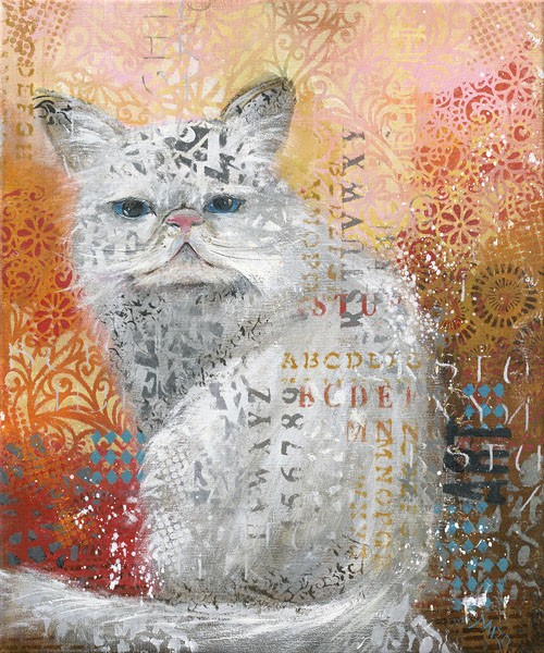 Mizo, YOLA (Katze, weiße Katze, Ornamente, florale Muster, moderne Malerei, zeitgenössisch, Wunschgröße, Jugendzimmer, Wohnzimmer, Malerei)