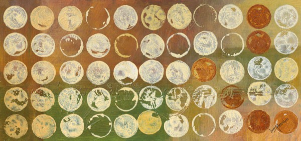 Umang Kikani, DISK A LICIOUS (Abstrakt, Muster, Kreismuster, Stempel,  modern,  Wohnzimmer, Treppenhaus, Malerei, Wunschgröße, bunt)