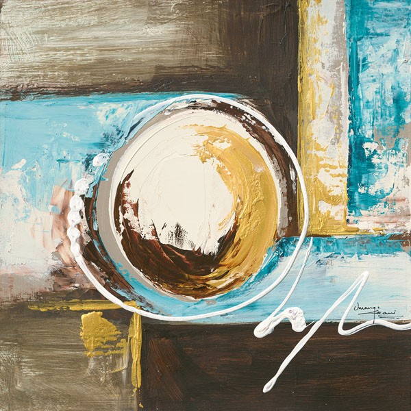 Umang Kikani, SPHERICAL I (Abstrakt, Malerei, geometrische Formen, Kreise,Rechtecke, Linien, Wohnzimmer, Treppenhaus, Arztpraxis, Wunschgröße, braun/blau)