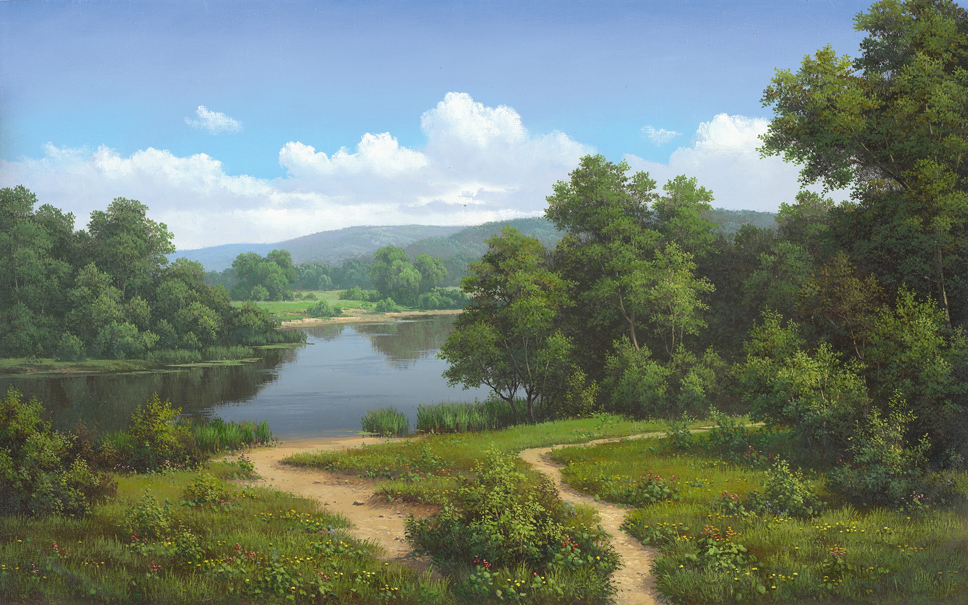 Babichev, Quiet waters (Landschaft, Landschaftsmalerei,  Wälder, Fluss,  Nostalgie, Idylle, Bäume, Wald, Waldesruh, Wohnzimmer, Malerei, Wunschgröße,  bunt)