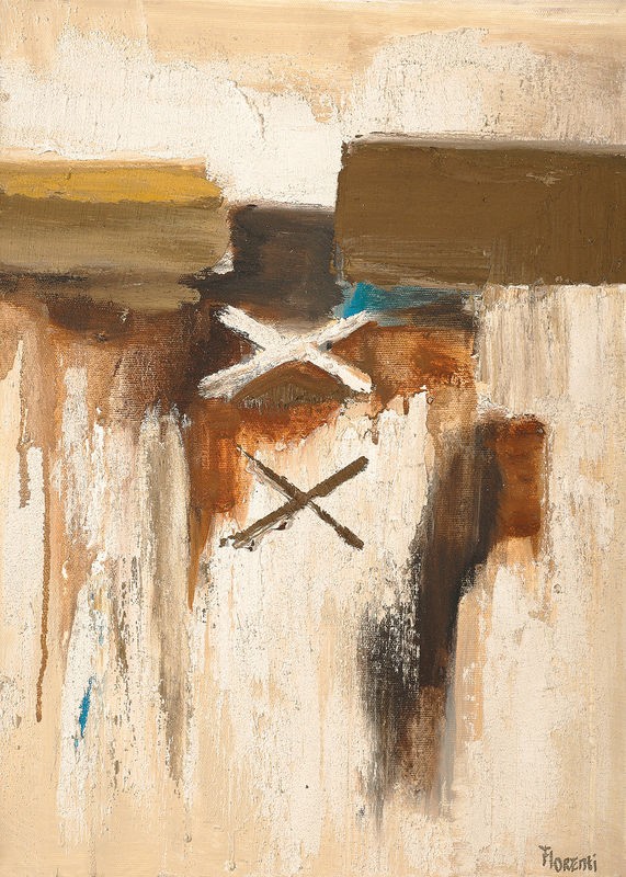 Florenti, Crosses on beige (Abstrakt, Malerei, Farbflächen, pastos, Kreuze, Wunschgröße, zeitgenössisch, modern, Büro, Business, Wohnzimmer, Wunschgröße, beige/braun)