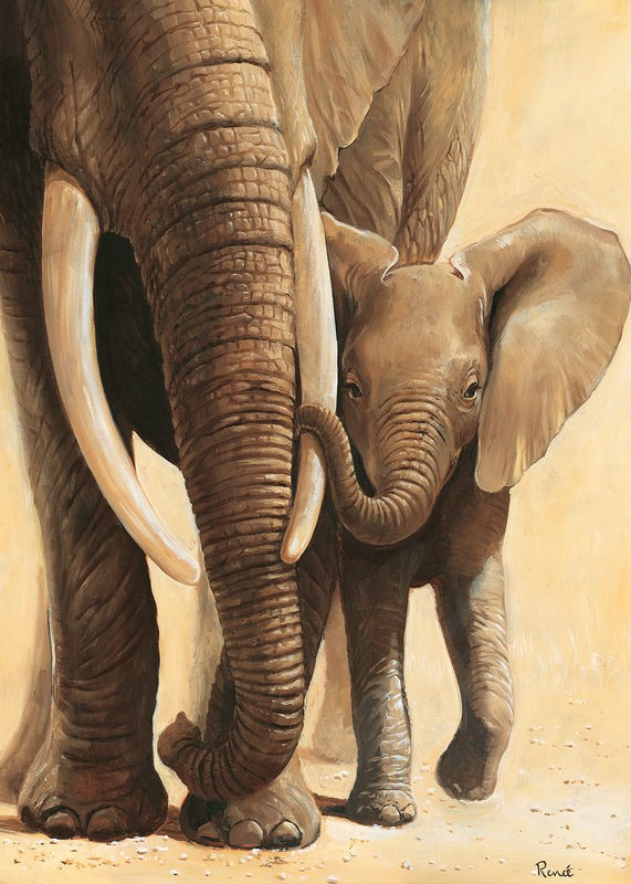 Renee, Elephant love I (Elefant, Elefantenkuh, Elefantenmutter, Elefantenbaby, Mutterliebe, naturalistisch, Tiere, Afrika, Wunschgröße, Wohnzimmer, Treppenhaus)