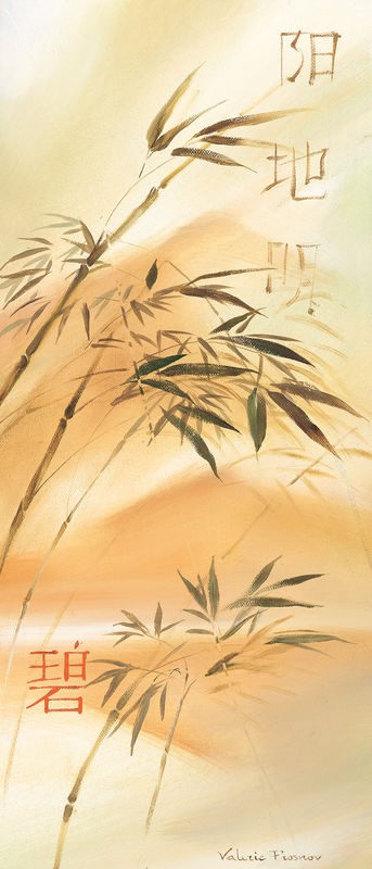 Valerie Prosnov, Bamboo wave I (Bambus, Zweige,Landschaft, diffus,  Schriftzeichen,  asiatisch, Treppenhaus, Wohnzimmer, Wunschgröße, beige)