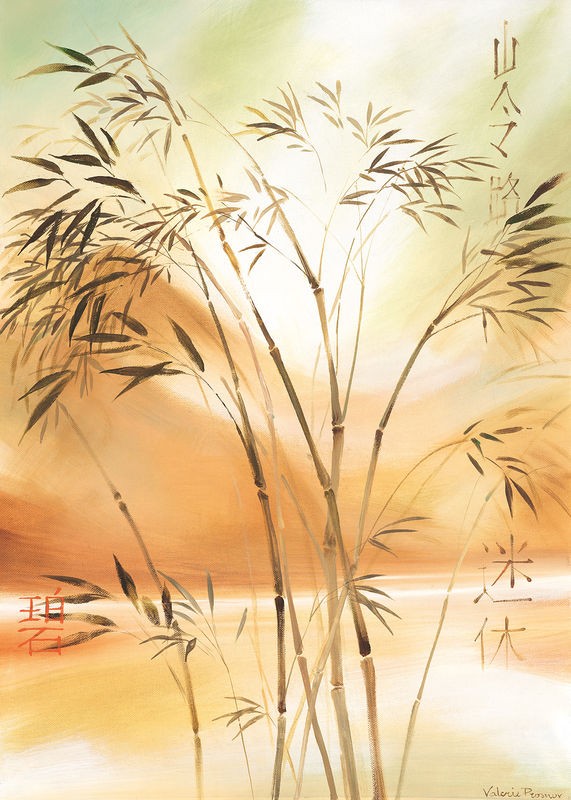 Valerie Prosnov, Bamboo wave II (Bambus, Zweige, Landschaft, diffus,  Schriftzeichen,  asiatisch, Treppenhaus, Wohnzimmer, Wunschgröße, beige)