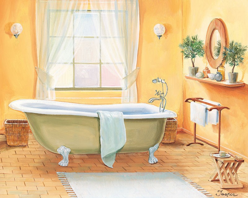 Jasper, Bathroom in yellow I (Badewanne, Bad, Nostalgie, Fenster, Licht, Badezimmer, Treppenhaus, Wunschgröße, Malerei, gelb, bunt)