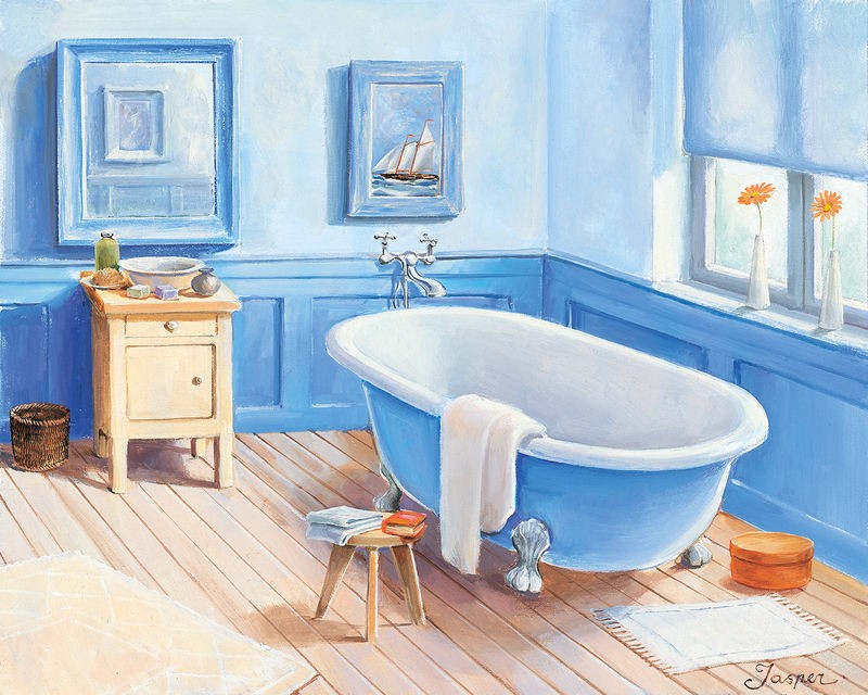 Jasper, Bathroom in blue I (Badewanne, Bad, Nostalgie, Fenster, Licht, Badezimmer, Treppenhaus, Wunschgröße, Malerei, blau, bunt)