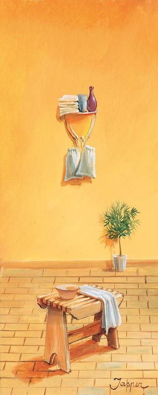 Jasper, Bathroom in yellow II (Hocker, Handtuch, Bad, Nostalgie, mediterran, Badezimmer, Treppenhaus, Wunschgröße, Malerei, gelb, bunt)