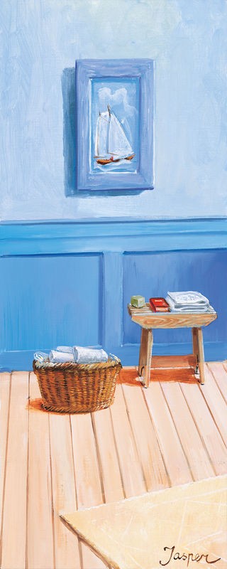Jasper, Bathroom in blue II (Hocker, Wäschekorb, maritim, Bad, Nostalgie,  Vintage, Badezimmer, Treppenhaus, Wunschgröße, Malerei, blau, bunt)