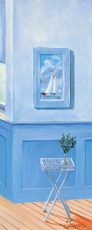 Jasper, Bathroom in blue III (Beistelltisch, Wandbild, Segelschiffe, maritim, Bad, Nostalgie,  Vintage, Badezimmer, Treppenhaus, Wunschgröße, Malerei, blau, bunt)