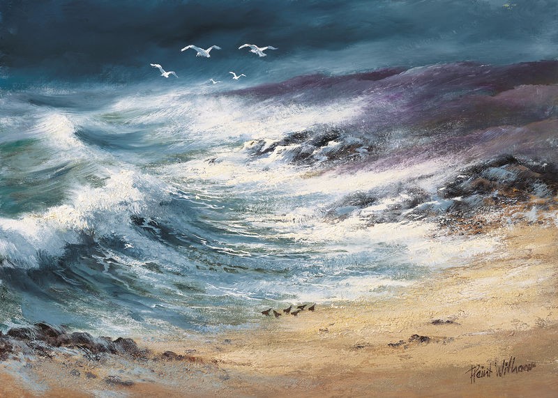 Reint Withaar, At the sea II (Meer, Strand, Sand, Düne, Möwen, Wellen, Sturm, Gischt, Naturgewalten, maritim, Meeresbrise, Wolkenhimmel, Malerei, Wohnzimmer, Treppenhaus, Wunschgröße, bunt)