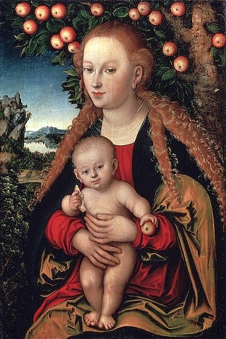 LUCAS CRANACH Der Ältere, Madonna mit Kind unter dem Apfelbaum. 1531. (Maria, Jesus Kind, Knabe, Mutter-Kind, Apfelbaum, Äpfel, Religiös, Neues Testament, Christlich, Klassiker, Renaissance, Wohnzimmer, Detail)