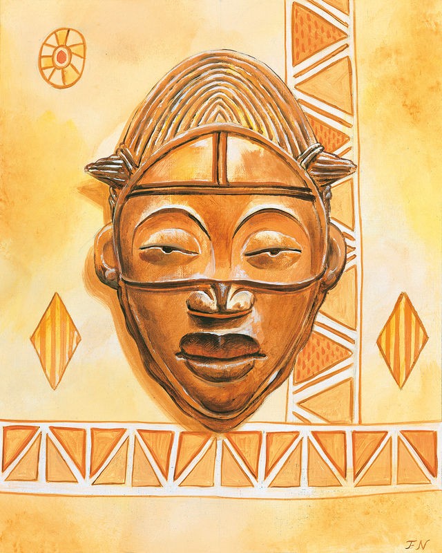 Frans Nauts, Mask I (Maske, figurativ, Gesicht, geschnitzt, Ethnic, ethnische Muster, dekorativ, Afrika, modern, Treppenhaus, Wohnzimmer, Malerei, gold/gelb)