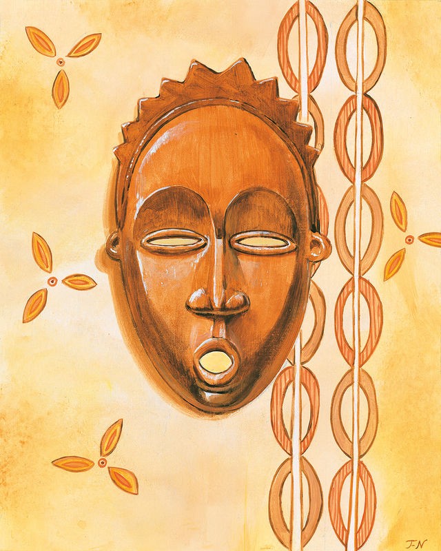 Frans Nauts, Mask II (Maske, figurativ, Gesicht, geschnitzt, Ethnic, ethnische Muster, dekorativ, Afrika, modern, Treppenhaus, Wohnzimmer, Malerei, gold/gelb)