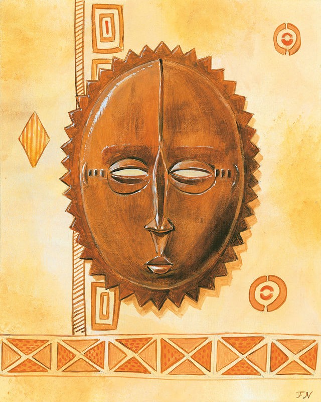 Frans Nauts, Mask IV (Maske, figurativ, Gesicht, geschnitzt, Ethnic, ethnische Muster, dekorativ, Afrika, modern, Treppenhaus, Wohnzimmer, Malerei, gold/gelb)