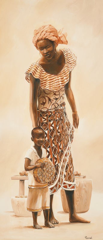 Renee, African life I (Afrikanerin, Frau, Mutter, Kind, modern, naturalistisch, Ethnic, Wohnzimmer, Treppenhaus, Wunschgröße, erdfarben)