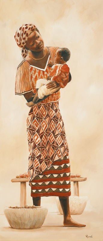 Renee, African life III (Afrikanerin, Frau, Mutter, Kind, Baby, modern, naturalistisch, Ethnic, Wohnzimmer, Treppenhaus, Wunschgröße, erdfarben)
