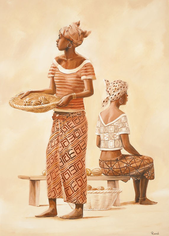 Renee, African family II (Afrikanerin, Frauen,junge Frauen, modern, naturalistisch, Ethnic, Wohnzimmer, Treppenhaus, Wunschgröße, erdfarben)