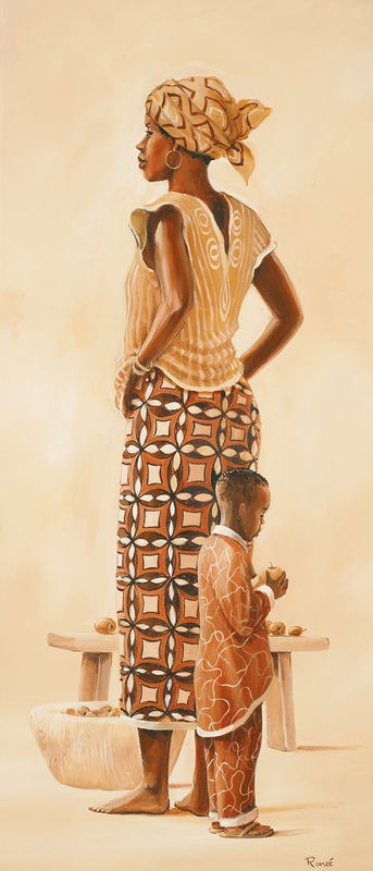 Renee, African family III (Afrikanerin, Frau, Mutter, Kind, Junge, modern, naturalistisch, Ethnic, Wohnzimmer, Treppenhaus, Wunschgröße, erdfarben)