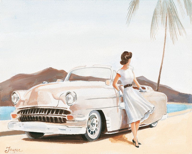 Jasper, Pastel car II (Oldtimer, Auto, Frau, Fünfziger Jahre, Ausflug, Reise, Rast, Urlaub, Meer, Sommer, Nostalgie, Retro, Vintage, Wohnzimmer, Treppenhaus, Wunschgröße, Malerei, bunt)