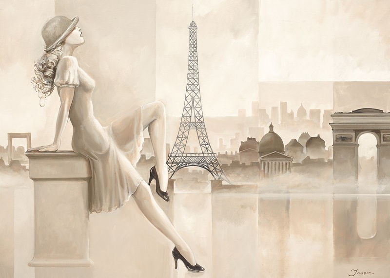 Jasper, Paris girl (Frau, Paris, Eiffelturm,  Urlaub, Sommer, Nostalgie, Retro, Vintage, Wohnzimmer, Treppenhaus, Wunschgröße, Malerei, sepia)