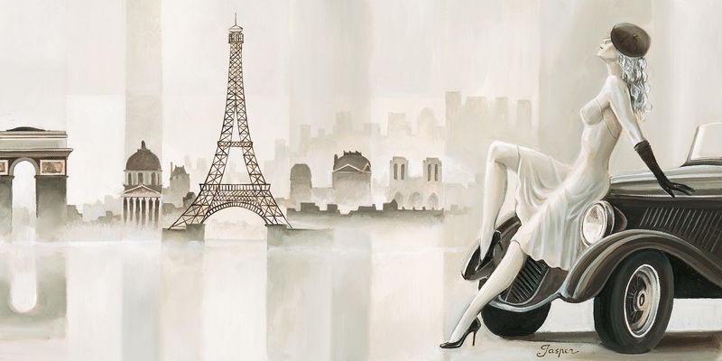 Jasper, Thoughts of Paris (Oldtimer, Auto, Frau, Paris, Eiffelturm, Reise, Rast, Urlaub,  Sommer, Nostalgie, Retro, Vintage, Wohnzimmer, Treppenhaus, Wunschgröße, Malerei, sepia)