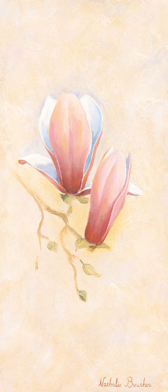 Nathalie Boucher, Pink magnolia 1-3 (Blumen, Blüte, Blütenblätter, Botanik, Pflanze, zart, Malerei, Treppenhaus, Schlafzimmer, Wohnzimmer, Wunschgröße, pastellfarben)