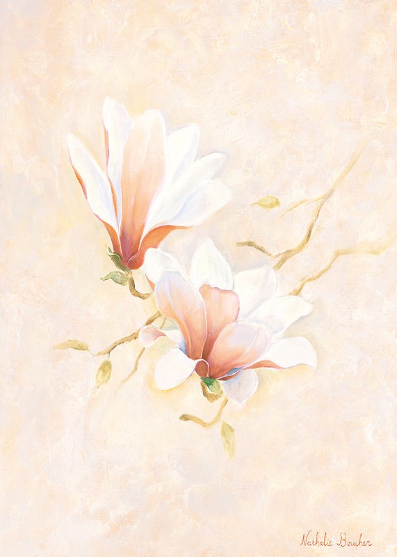 Nathalie Boucher, Pink magnolia 2-3 (Blumen, Blüte, Blütenblätter, Botanik, Pflanze, zart, Malerei, Treppenhaus, Schlafzimmer, Wohnzimmer, Wunschgröße, pastellfarben)