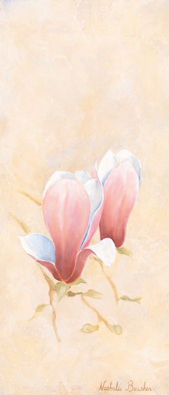 Nathalie Boucher, Pink magnolia 3-3 (Blumen, Blüte, Blütenblätter, Botanik, Pflanze, zart, Malerei, Treppenhaus, Schlafzimmer, Wohnzimmer, Wunschgröße, pastellfarben)