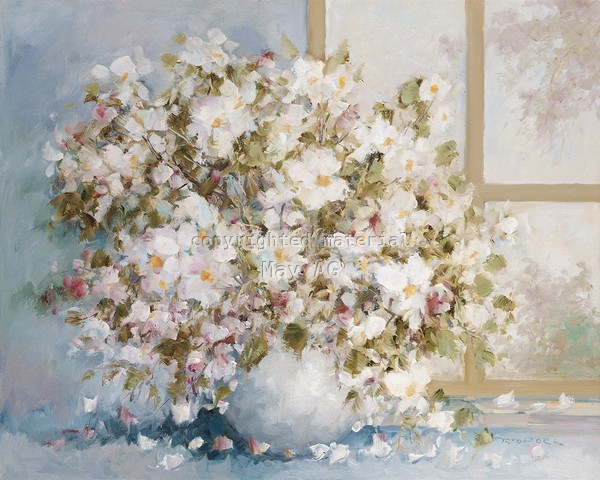 Theo Van de Poel, White flowers in vase (Blumen, Bouquet, Blumenstrauß, Stillleben, üppig, prächtig, Fenster, Wunschgröße, Treppenhaus, Esszimmer, Wohnzimmer, Malerei, bunt)