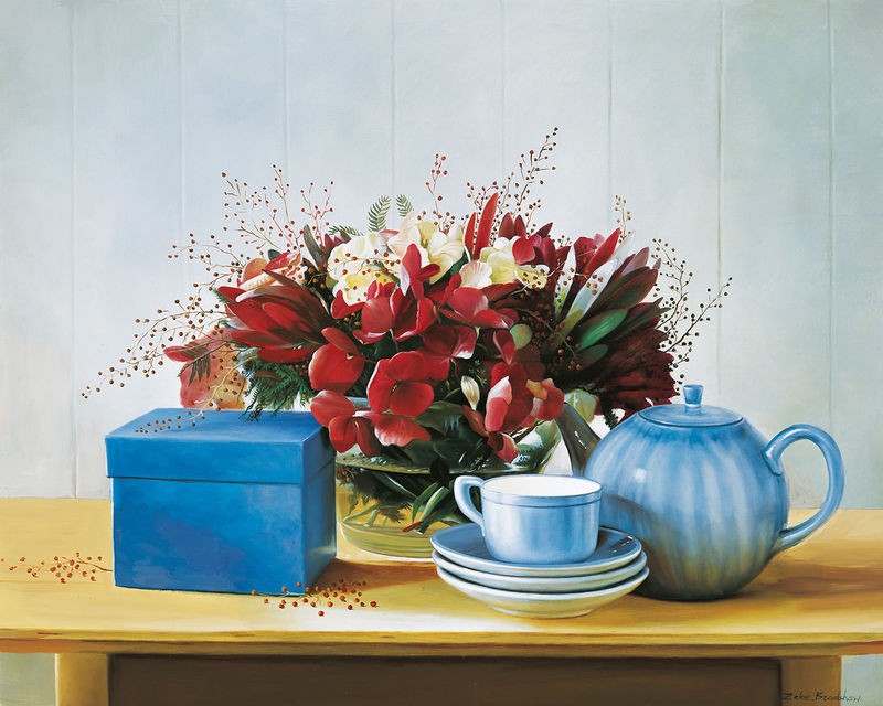 Zeke Bradshaw, Stillife with teapot (Stillleben, Blumenschale, Bouquet, Teekanne, Tasse, Tisch, Malerei, Treppenhaus, Esszimmer, Wohnzimmer, Wunschgröße, bunt)