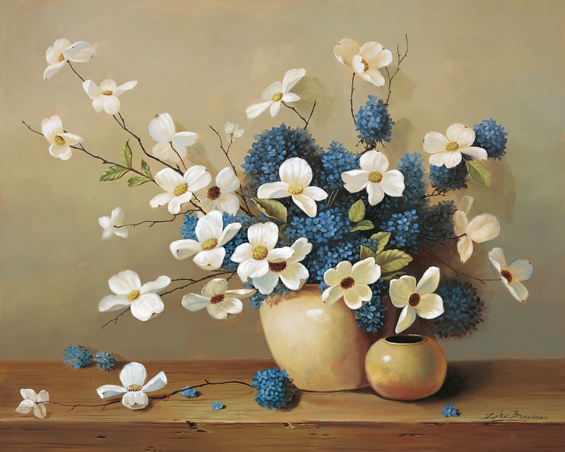 Zeke Bradshaw, White and blue bouquet (Stillleben, Blumenvasen, Bouquet, Blumen, Blüten, verblühen, Tisch, Malerei, Treppenhaus, Esszimmer, Wohnzimmer, Wunschgröße, bunt)
