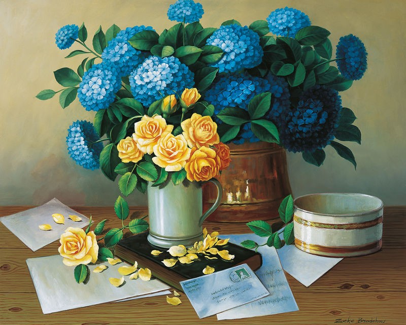 Zeke Bradshaw, Hydrageas (Stillleben, Blumenvase, Krug, üppig, prächtig, Hortensien,  Rosen, Bouquet, Briefe Tisch, Malerei, Treppenhaus, Esszimmer, Wohnzimmer, Wunschgröße, bunt)
