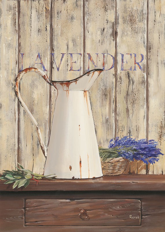 Renee, Lavender I (Krug, Wasserkrug, Holzpanele, alter Tisch, Lavendel, Zweige, schabby chic, Nostalgie, Stillleben, Treppenhaus, Esszimmer, Küche, Wunschgröße)