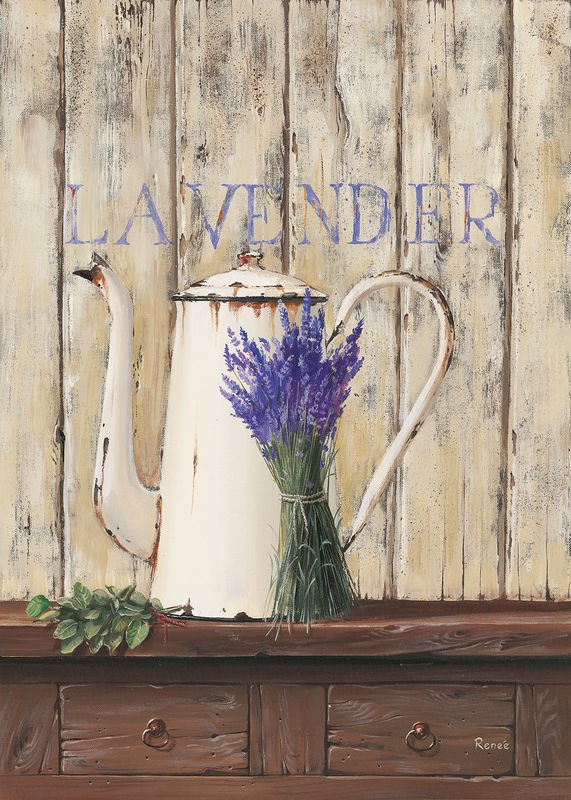 Renee, Lavender II (Kanne, Kaffeekanne, Holzpanele, alter Tisch, Lavendel, Zweige, schabby chic, Nostalgie, Stillleben, Treppenhaus, Esszimmer, Küche, Wunschgröße)