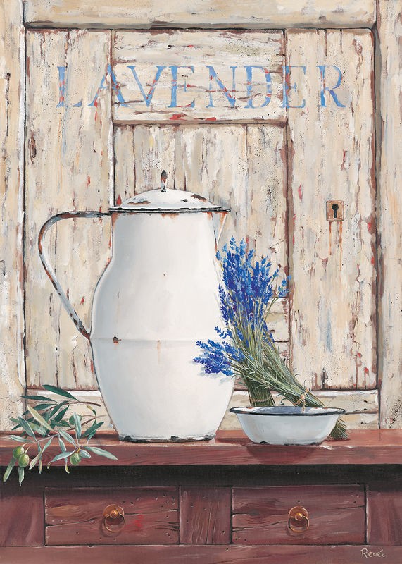 Renee, Lavender III (Kanne, Emaillekanne, Holzpanele, alter Tisch, Lavendel, Zweige, schabby chic, Nostalgie, Stillleben, Treppenhaus, Esszimmer, Küche, Wunschgröße)