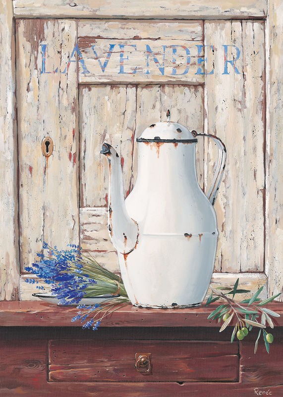 Renee, Lavender IV (Kanne, Emaillekanne, Holzpanele, alter Tisch, Lavendel, Zweige, schabby chic, Nostalgie, Stillleben, Treppenhaus, Esszimmer, Küche, Wunschgröße)
