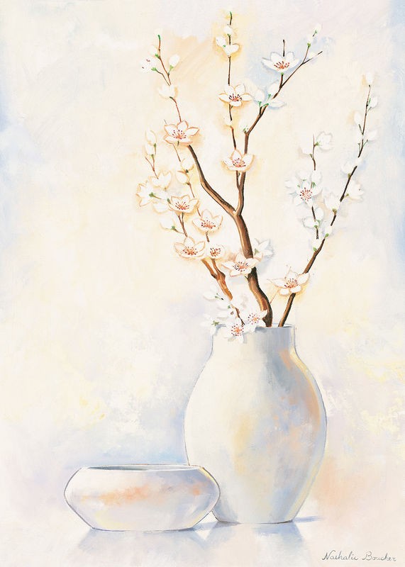 Nathalie Boucher, White vase I (Stillleben, Blütenzweig, weiße Blumenvase, Vase, zart, Malerei, Treppenhaus, Esszimmer, Wohnzimmer, Wunschgröße, pastellfarben)