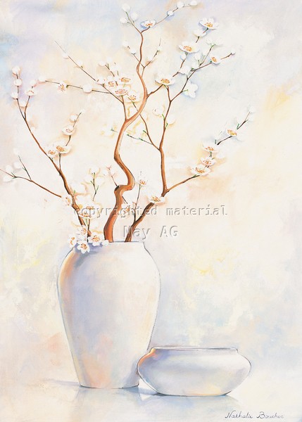 Nathalie Boucher, White vase II (Stillleben, Blütenzweig, weiße Blumenvase, Vase, zart, Malerei, Treppenhaus, Esszimmer, Wohnzimmer, Wunschgröße, pastellfarben)