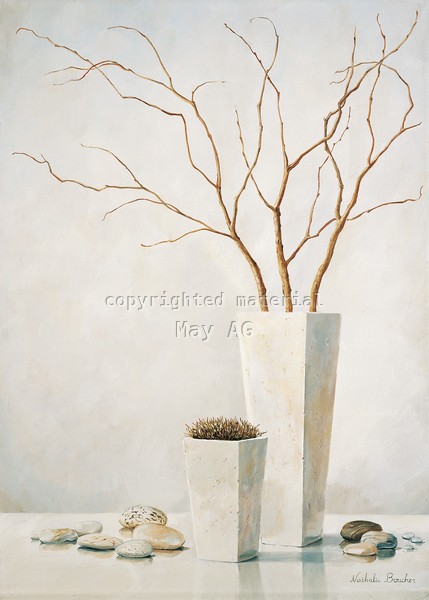 Nathalie Boucher, Twigs II (Stillleben, Zweig, weiße Blumenvase, Kieselsteine, Vase, zart, Malerei, Treppenhaus, Esszimmer, Wohnzimmer, Wunschgröße, pastellfarben)