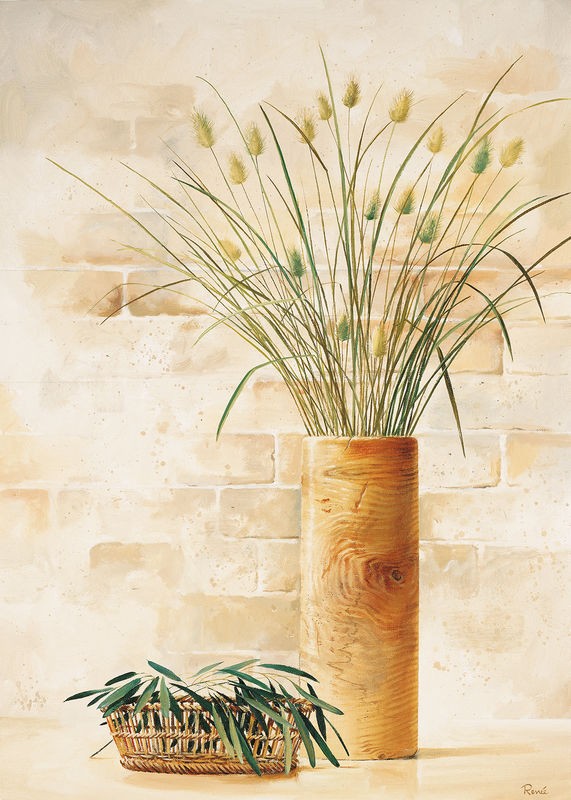 Renee, Grass in vase I (Vase, Gräser, Blätter, Korb, Stillleben, modern, Treppenhaus, Esszimmer, Küche, Wunschgröße)