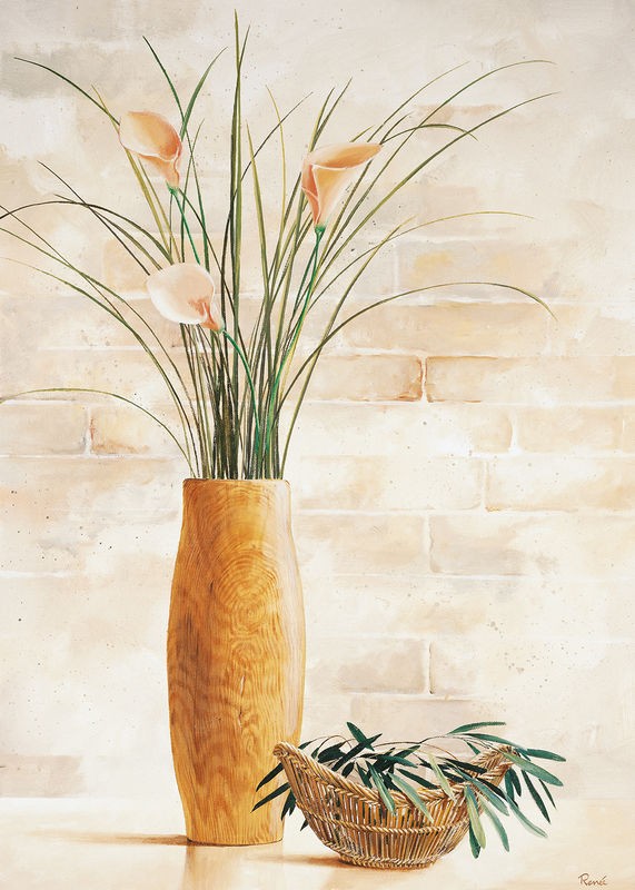 Renee, Grass in vase II (Vase, Gräser, Blüten, Kalla, Blätter, Korb, Stillleben, modern, Treppenhaus, Esszimmer, Küche, Wunschgröße)