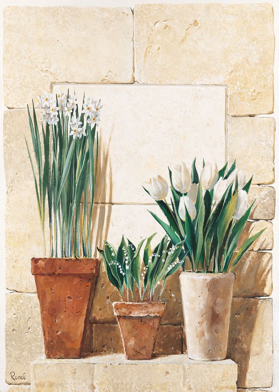 Renee, Three in a row (Vasen, Töpfe, Terracotta, Blumen, Blüten, Tulpen, Maiglöckchen, Frühling, Stillleben, modern, Treppenhaus, Esszimmer, Küche, Wunschgröße)