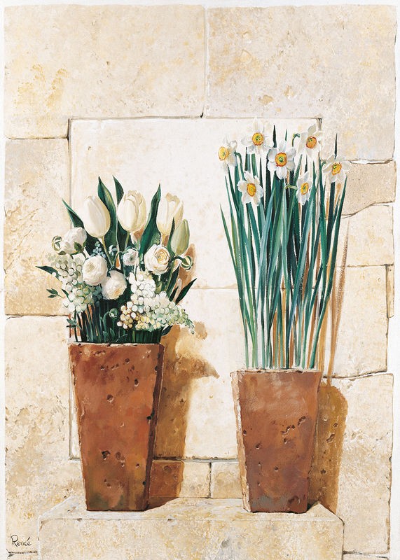 Renee, Two in a row (Vasen, Töpfe, Terracotta, Blumen, Blüten, Tulpen, Narzissen, Frühling, Stillleben, modern, Treppenhaus, Esszimmer, Küche, Wunschgröße)