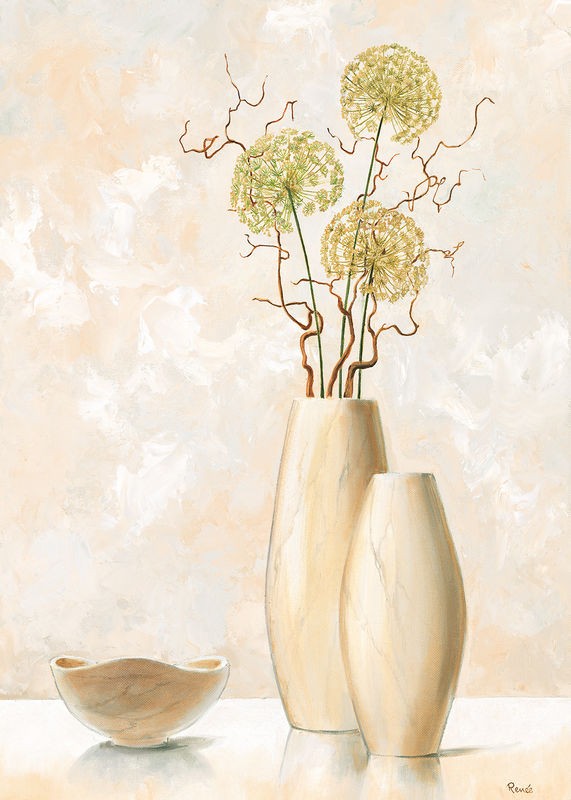 Renee, Vases with pastel II (Vasen, schlicht, weiß, pastell, Blumen, Blüten, Zweige, Stillleben, modern, Treppenhaus, Esszimmer, Küche, Wunschgröße)